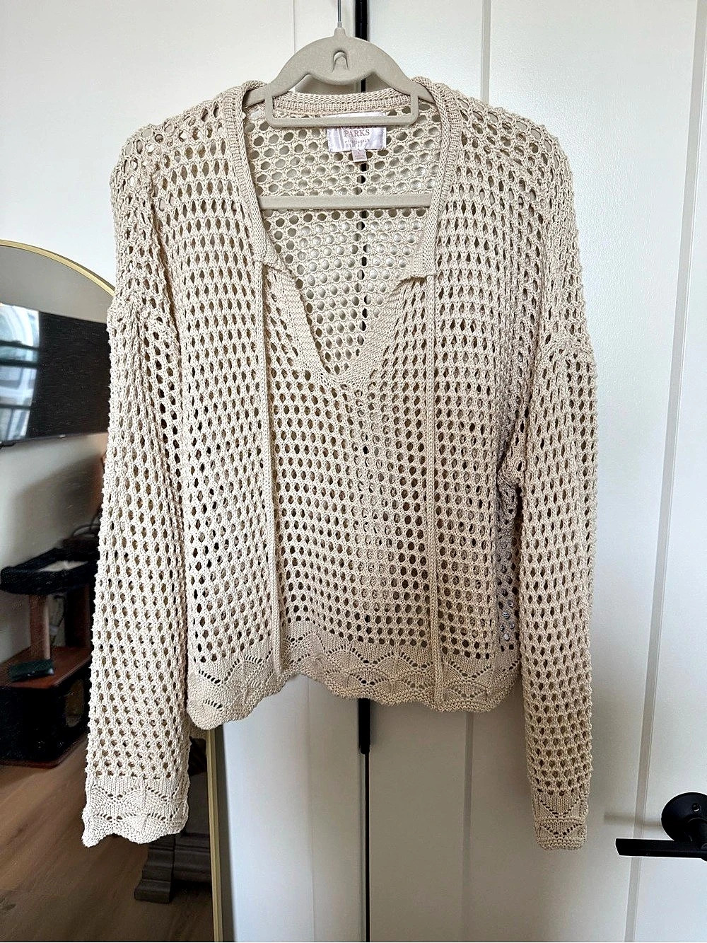 Crochet V-Neck Sweater in Beige